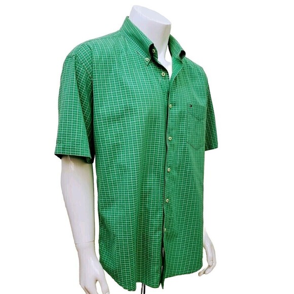TOMMY HILFIGER Short Sleeve Light Cotton Shirt Bright Green Check Plaid Size XL - Picture 1 of 7